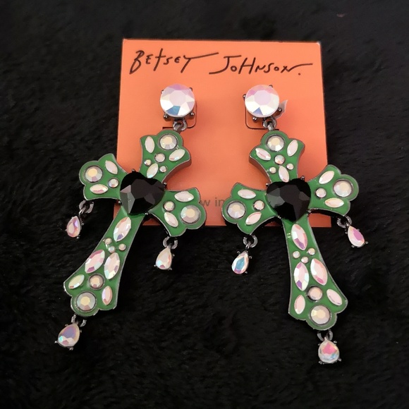 Brand New Betsy Johnson Cross Earrings w/ Iridescent "Stones" & Gem Heart Glows - Picture 1 of 8